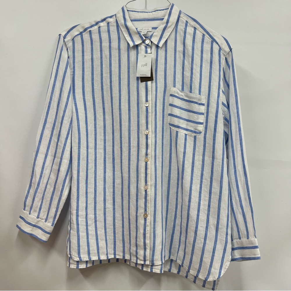 NWT J.Jill love M linen button down long sleeve collar top 100% linen resortwear